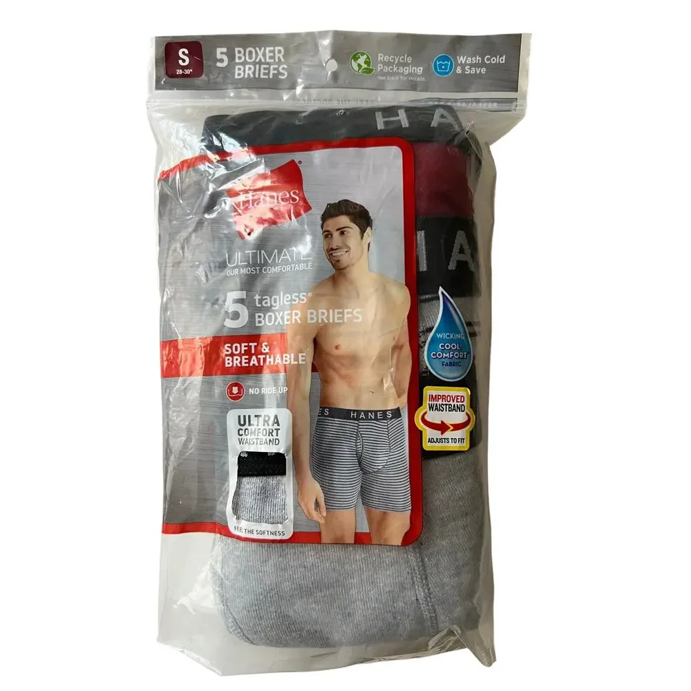 Mens size S Hanes boxer briefs Pack of 5 Tagless Wicking Cool NEW 28-30